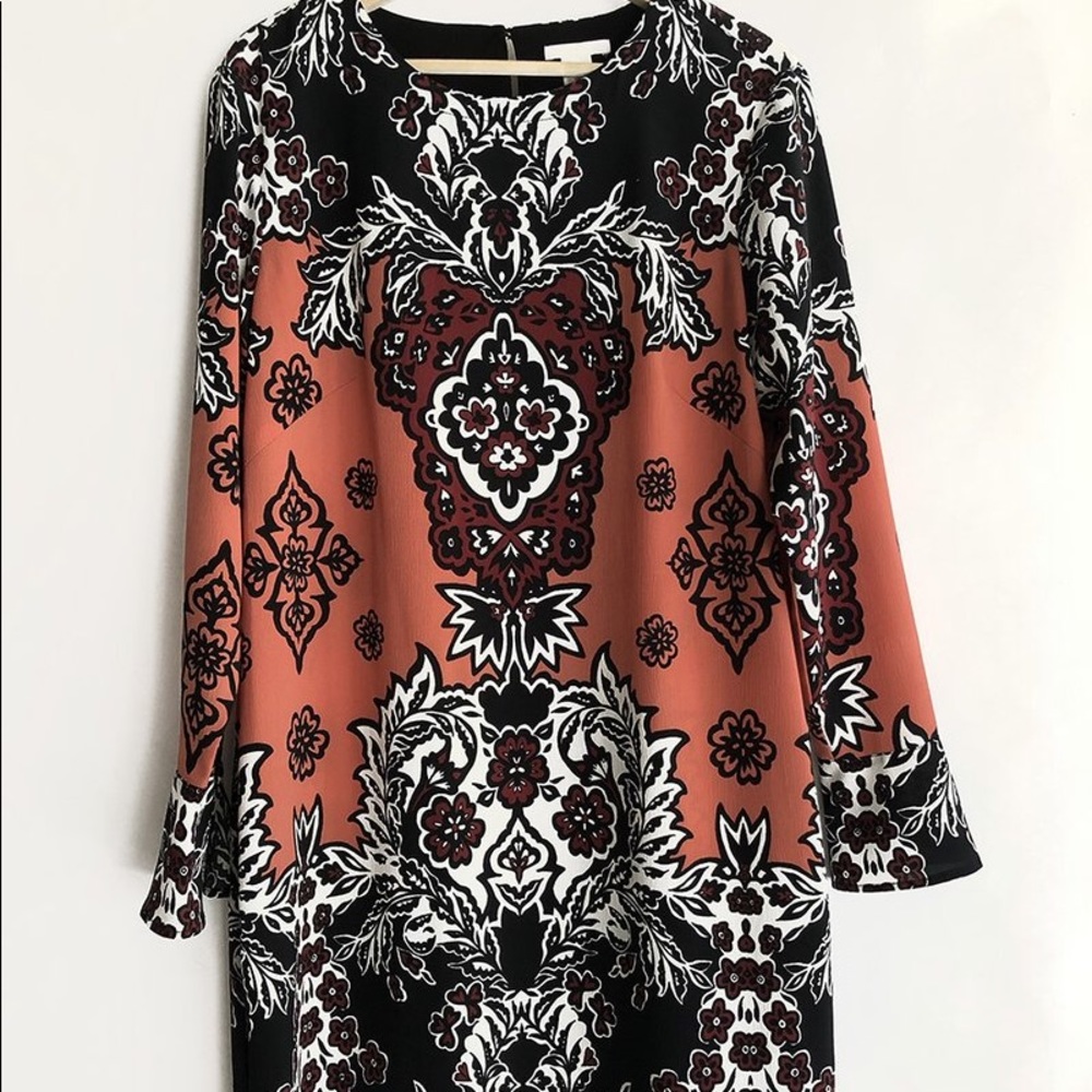 H&M Black, Rust and White Printed Long-Sleeve Dress